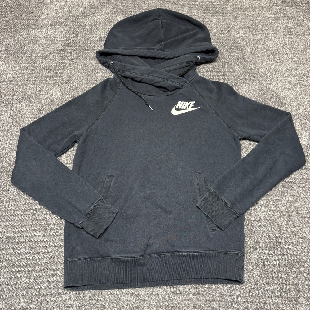 Vintage Nike Womens Cowl Neck Pullover Hoodie Sweatshirt Size M Faded Black Logo